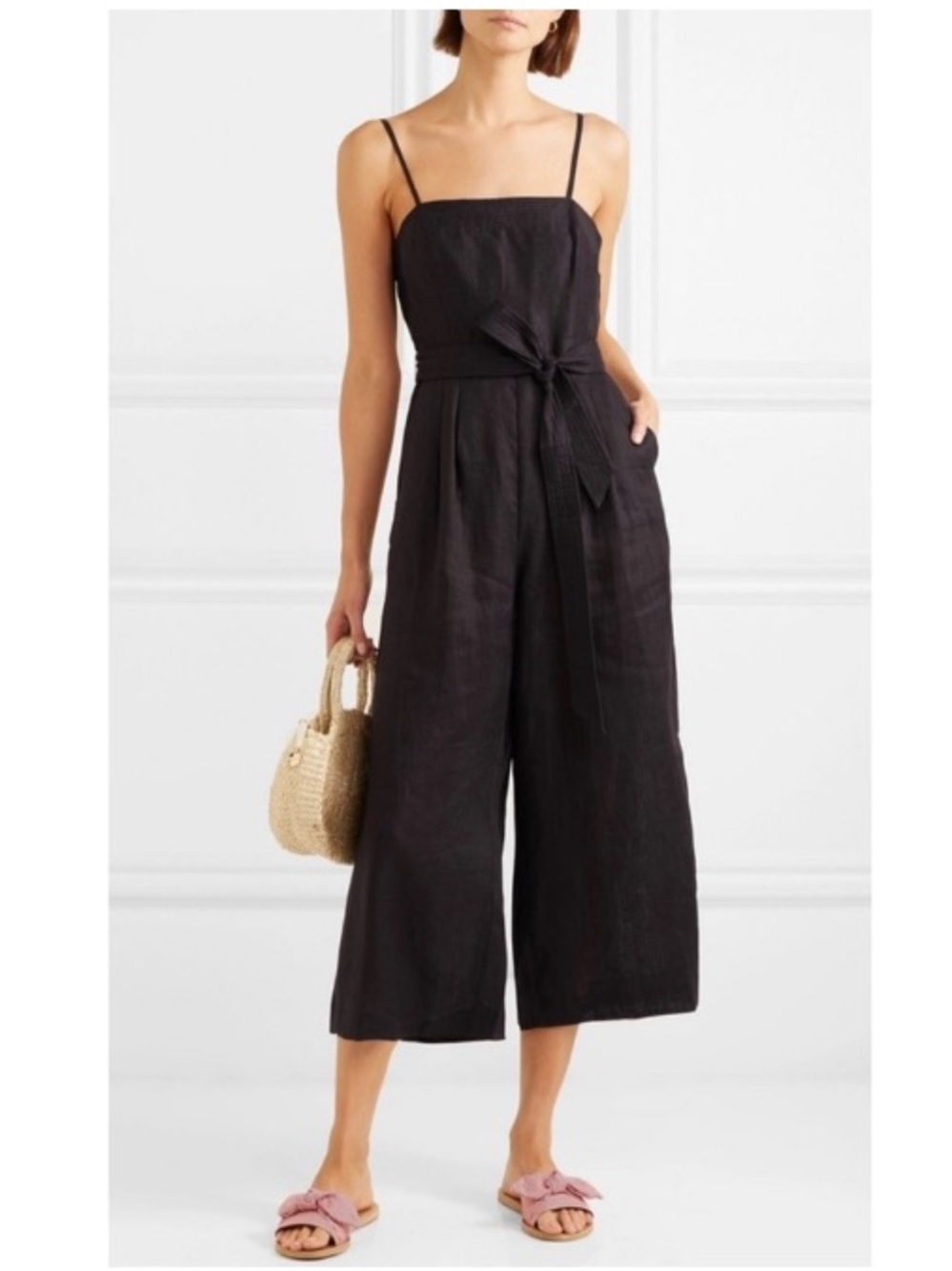 J. Crew 100% Linen Square Neck Crop Wide Leg Jumpsuit Black 2